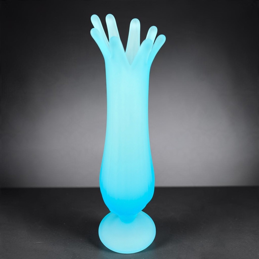 Westmoreland Sky Blue Satin Glass Swung Vase Finger Rim 10.5 Inch MCM Vintage